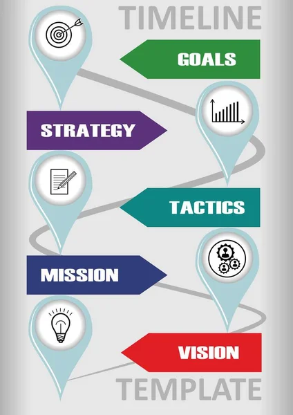 Σύγχρονη infographic πρότυπο χρονοδιάγραμμα με δείκτες θέση και επιγραφές όραμα, mision, τακτική, στρατηγική, τους στόχους. Εναλλακτικός απλός σχεδιασμός, εικονίδια, εικονογράμματα. — Διανυσματικό Αρχείο