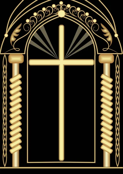 Tema religioso, fundo com altar dourado, Cruz de símbolo cristão, desenho dourado sobre fundo preto, efeito de alívio, decoração funeral —  Vetores de Stock