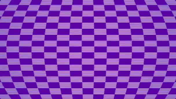 Fioletowy wzór szachownicy cyklicznie zmienia kształt, wypełnia okrągłą przestrzeń, odwraca się poziomo, zwęża, rozszerza. Grafika ruchu pętli — Wideo stockowe