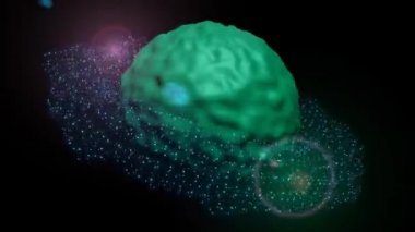 Beyaz ışık parçacıklarından oluşan bir halkayla çevrili yeşil, fantastik gezegen uzayda dönüyor. Gezegenin her yerinde renkli sisli yansımalar var. Bilim kurgu teması 3d animasyon
