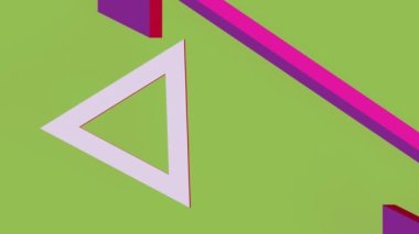 Penrose üçgeni - grafik paradoksu, kırmızı paradoks dönen gövde üçgeni gösterir Diğer üçgen vücut farklı eksen etrafında döner ve renk değiştirir. Yeşil ekranda iki minimalist geometrik vücut.