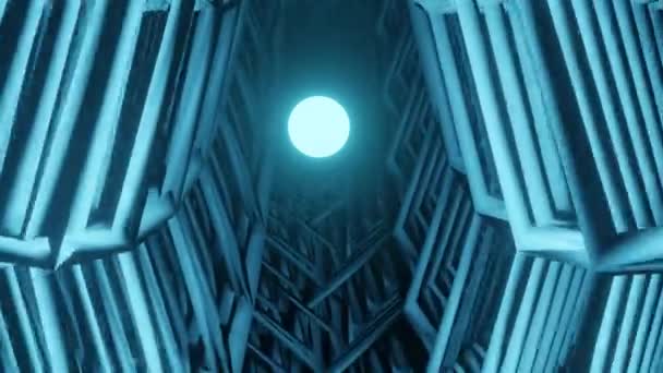 하얗게 빛나는 구형의 몸은 금속 막대로 구성된 파란 터널을 통해 움직인다. 추상적 인 공상 과학 비디오. 산업 공상 — 비디오