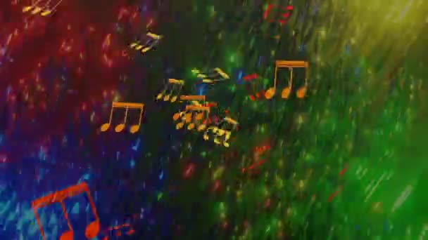 Wilder Disco-Hintergrund, Banner mit weißer Aufschrift Tanz mit Ausrufezeichen. Psychedelischer Hintergrund mit fliegenden Musiknoten. Die Inschrift erscheint und verschwindet, als würde sie tanzen. — Stockvideo
