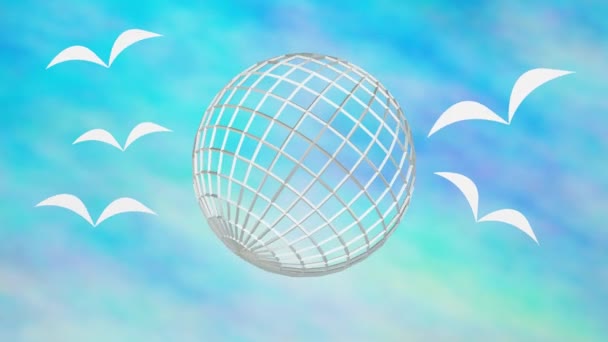 Peace banner, a wire model of the globe rotates in a blue sky with fine clouds, white silhouettes of doves float to the right and left of the globe, a blue distinctive peace inscription appears at the — Stok video