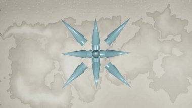 3d metal compass rosette is drawn against the background with a fictional vintage map of a fairy-tale land, slowly turns and enlarges.