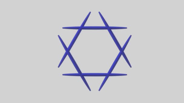 Animation of the Star of David that is rendered in blue color symmetrically on a white background, then hidden, and the inscription Shalom in Hebrew is displayed, used as a greeting. Welcome for — Vídeo de Stock