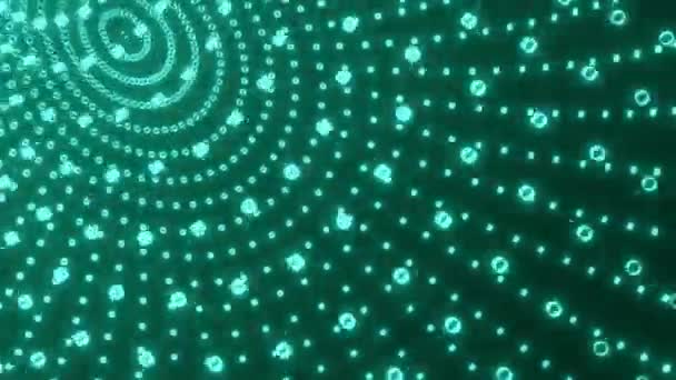 Green abstract round object created from tiny lights expands into space and then shrinks again into the shape of a sphere. Neon tiny lights create ornaments on a black background. Abstract light — Vídeo de Stock