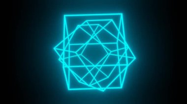 Bright blue edges of the cubes create a symmetrical shape, the cubes begin to rotate, and eventually the original shape appears again. Composition of three cubes with a common center and neon edges.
