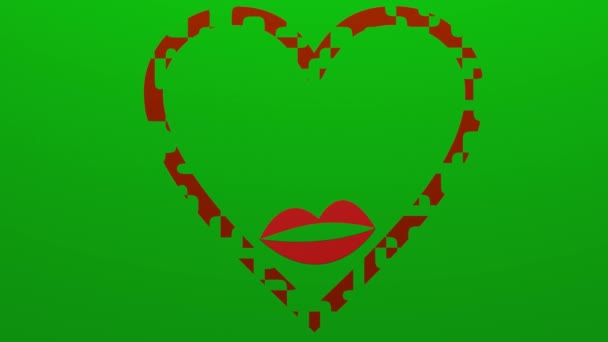 Cartoon of cute red heart on green screen. Contour of the heart is composed of mosaic particles around the red lips. The shape of the heart turns into the shape of a caricature of the face, the eyes — Vídeos de Stock