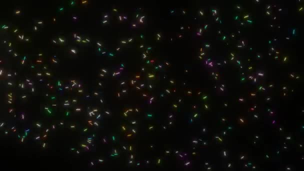 明亮的色彩艳丽的涡旋的霓虹灯粒子在黑色的背景上发光。派对、庆典、迪斯科舞厅、夜总会的动作画面. — 图库视频影像