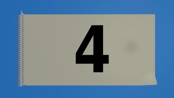 スパイラルでノートパッド内のカウントダウンは、最終シート上の数字5 、 4 、 3 、 2 、 1でシートターンは赤の碑文を開始されます。5から1までの珍しい視覚化されたカウントダウン. — ストック動画