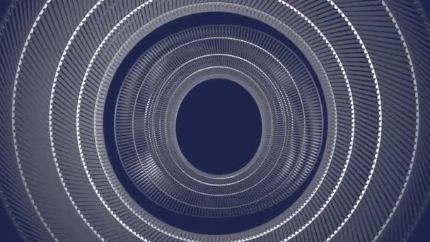 Elegante oggetto astratto in metallo composto da cerchi concentrici. I cerchi esterni ruotano lentamente, l'insieme interno dei cerchi si deforma nella forma di un anello. Sfondo blu scuro. — Video Stock