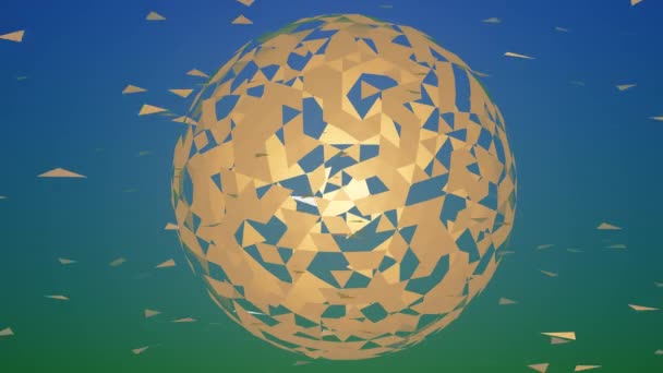 Destruction of the spherical object of golden color on the green-blue gradient background, the inscription keep calm is displayed in calligraphic font — Stock video