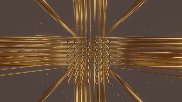 A fémrudakból álló sárgaréz csillag újra eltörik és összezsugorodik. Elegáns fém háromdimenziós dekoratív tárgy. a tárgy középpontjából kibocsátott fémrészecskék — Stock videók