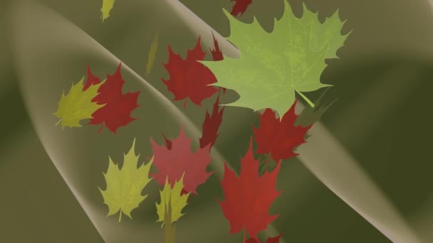 Caída de hojas de arce rojo, amarillo y verde sobre un fondo abstracto borroso. Las hojas flotan, rotan, el tema de la naturaleza otoñal — Vídeos de Stock