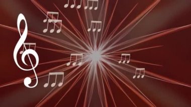 Ortasında beyaz bir parıltı olan kırmızı çiçek beyaz müzik notaları yayar. Solda, beyaz bir keman tuşu hareket ediyor. Müzik temalı animasyon, bir müzik festivalinin sunumu için uygun, gösteri.