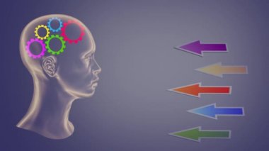 Beyin fırtınası afişi. Kafası yarı şeffaf kütleli, hologram tarzında, kafasının içinde çok renkli vitesler var. Oklar kaybolur ve beyaz yazıtlar ortaya çıkar..