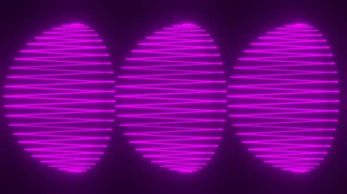 Neon siyah bir arkaplanda şekil değiştiriyor. Mor parlak spiraller farklı yönlere dönerek kesişirler ve böylece desenler oluştururlar. 4k çözünürlükte soyut canlandırma