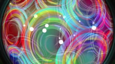 White polka dots on a brightly colored rainbow background formed by colored spirals. Decorations for disco, night club, party, UHD animation