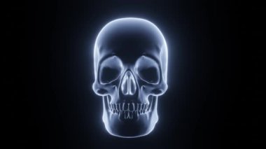 Horror theme, an icy human skull on a black background, fiery sparks begin to fly out of the eye sockets. The skull sways and zooms in. Halloween video