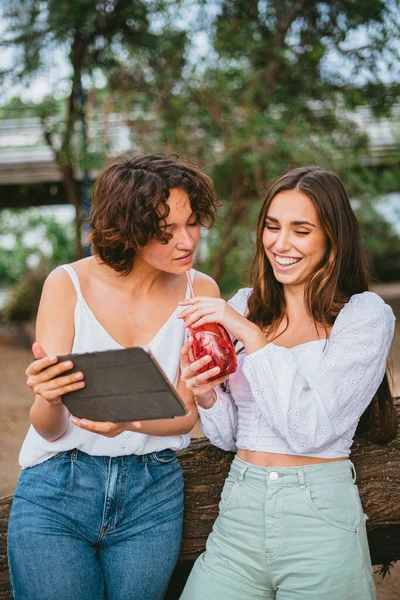 Deux Jeunes Femmes Riantes Amusent Avec Smoothie Pendant Elles Appuient — Photo