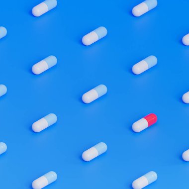 Mavi arka planda kapsül hapları deseni, sağlık sigortası konsepti, antibiyotikler ve tedavi, 3 boyutlu görüntüleme