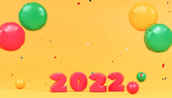 Kerst Nieuwjaar Vakantie Achtergrond Rode 2022 Nummers Met Confetti Luchtballonnen — Stockfoto
