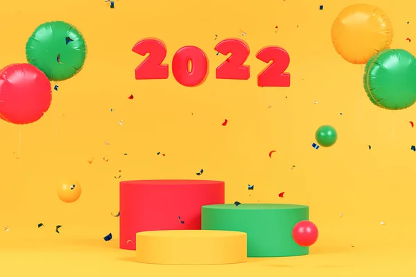 Kerst Nieuwjaar Vakantie Achtergrond Met Podia Sokkels Rode 2022 Nummers — Stockfoto