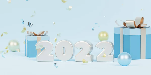 Christmas or New Year holidays background, shiny 2022 letter with confetti and gift boxes, 3d render
