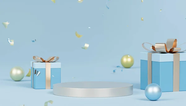 Noel ya da Yeni Yıl tatillerinde podyum ya da kaidesi, konfeti ve hediye kutuları, 3D