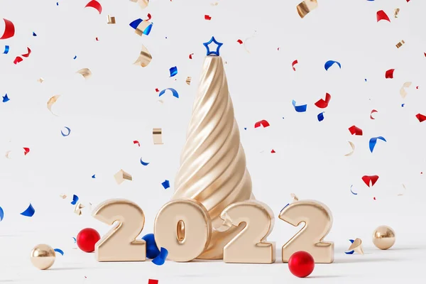 Kerst Nieuwjaar Vakantie Achtergrond Gouden 2022 Brief Confetti Dennenboom Met — Stockfoto