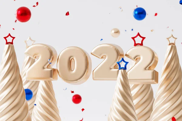 Kerst Nieuwjaar Vakantie Achtergrond Gouden 2022 Brief Confetti Dennenboom Met — Stockfoto