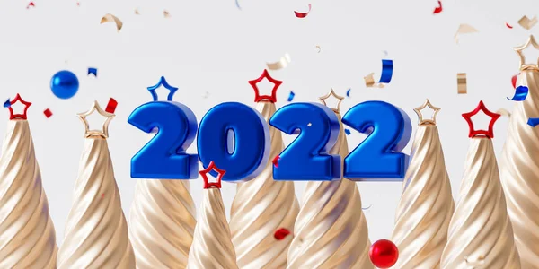 Kerst Nieuwjaar Vakantie Achtergrond Glanzend Blauw 2022 Brief Confetti Dennenboom — Stockfoto