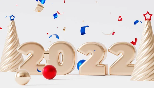 Kerst Nieuwjaar Vakantie Achtergrond Gouden 2022 Brief Confetti Dennenboom Met — Stockfoto