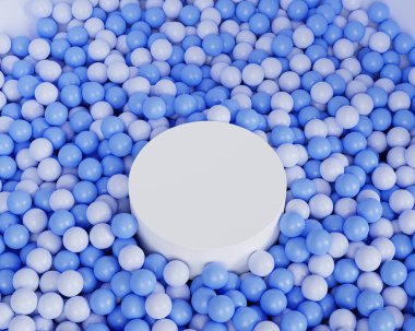 Beyaz silindir biçimli podyum veya pastel mavi arkaplan üzerinde topları olan reklamlar için kaide, asgari 3d çizim