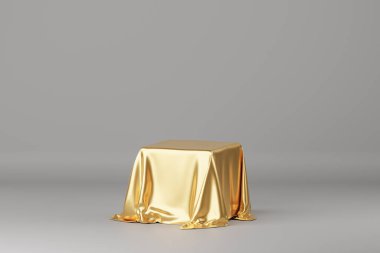 Altın lüks kumaş kürsüye ya da ürün ya da reklam için kaideye yerleştirildi. 3 boyutlu görüntüleme. Gri arkaplan.