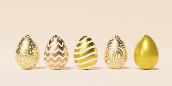 Set Easter Eggs Decorated Golden Textures Patterns Beige Background Spring — 图库照片