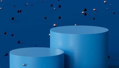 Ürünler için podyumlar veya kaideler mavi arkaplan üzerinde parlak küreler, 3d minimal görüntüleme veya reklam