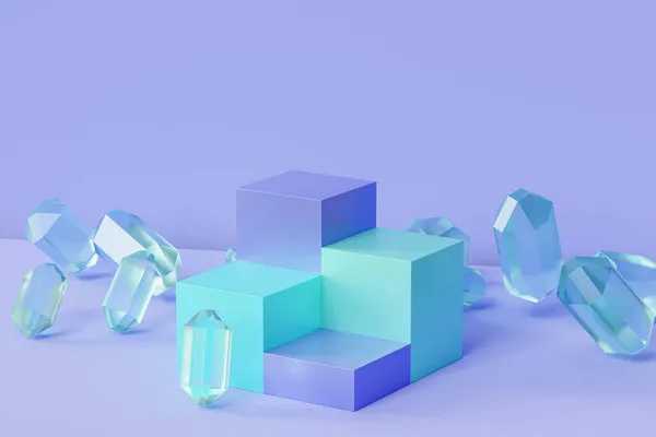 Pastel arka planda cam kristaller bulunan ürünler veya reklamlar için mavi nane podyumları veya kaideler, en az 3d illüstrasyon canlandırması