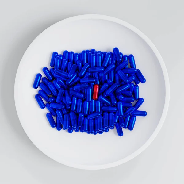 蓝色和红色胶囊丸白色背景 医疗概念 抗生素和治疗 3D渲染 — 图库照片