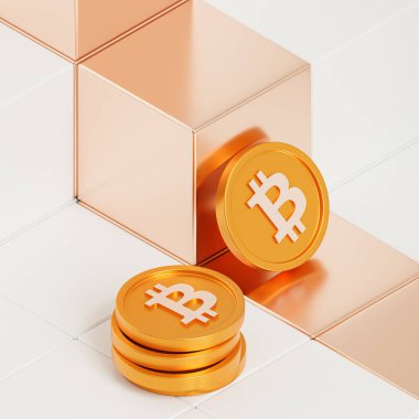Bitcoin kripto altın sikkeler, e-ticaret yatırım konsepti, 3D render