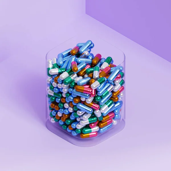 紫罗兰色背景 医疗概念 抗生素和疗法的玻璃胶囊药丸 3D渲染 — 图库照片