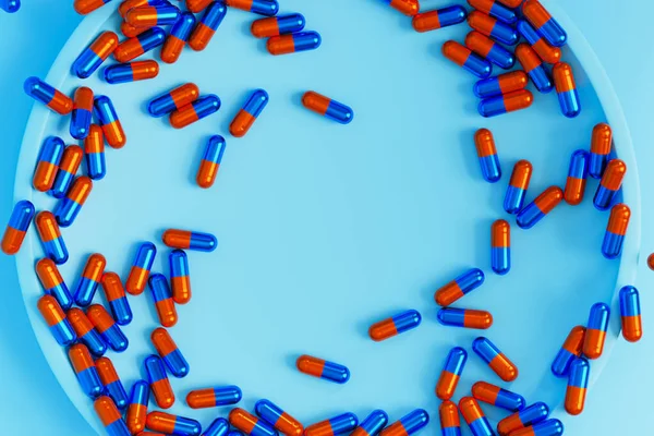 蓝色和橙色胶囊丸 医疗保健医学概念 抗生素和疗法 3D渲染 — 图库照片