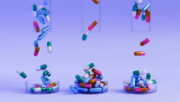 Capsule Pillen Glas Violette Achtergrond Gezondheidszorg Medisch Concept Antibiotica Genezing — Stockfoto