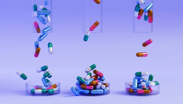 Menekşe arka planında cam kapsül hapları, sağlık sigortası konsepti, antibiyotikler ve tedavi, 3D canlandırma