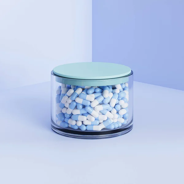 Pillole Capsule Vetro Con Coperchio Sfondo Blu Concetto Medico Sanitario — Foto Stock