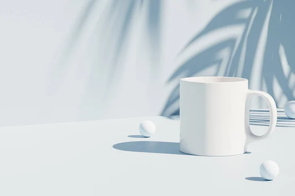 Burla Con Taza Blanca Taza Café Sobre Fondo Azul Tropical — Foto de Stock