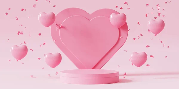Sevgililer Günü pembe podyumu ya da ürün ya da kalp şeklinde balon ve konfeti reklamları için kaidesi 3D.