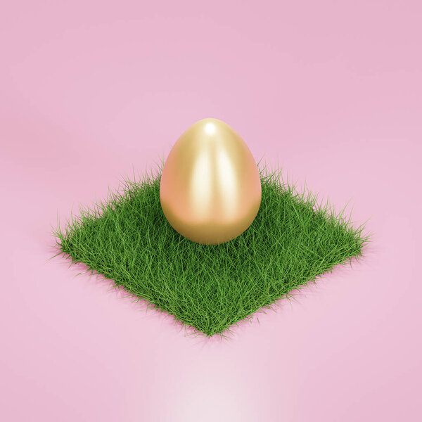 Golder Easter Egg Green Grass Pink Background Spring Holidays Advertising Stock Picture