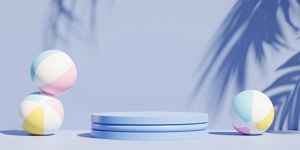 Plaj toplarıyla tropikal arka planda ürün veya reklamlar için mavi podyum veya kaide, 3D görüntüleme